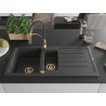 Mexen Andres granite sink 1.5-bowl with drainer and Aster kitchen faucet, black speckled - 6515-76-73450-57-G