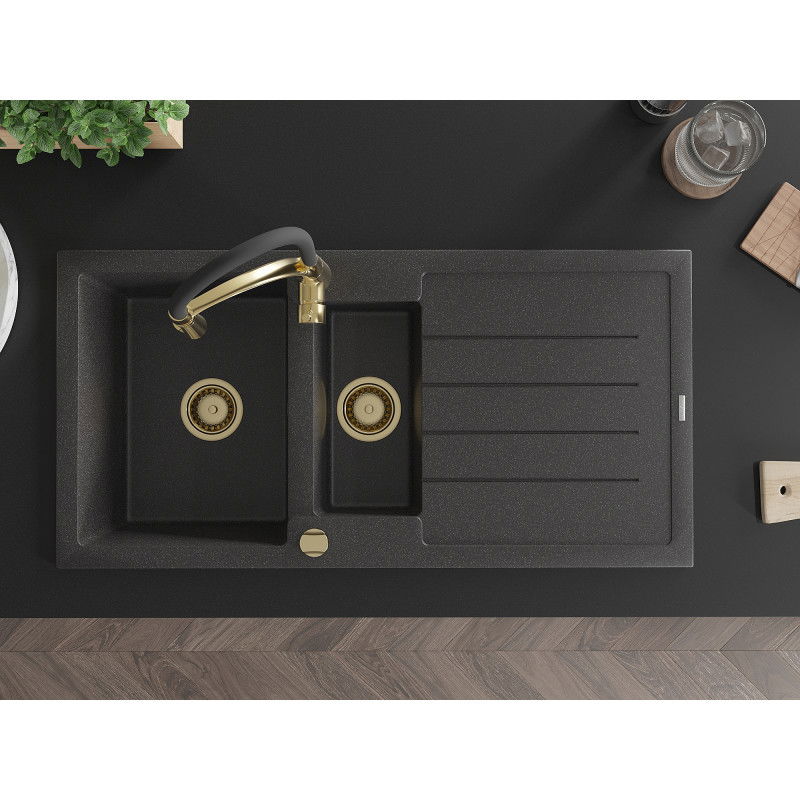 Mexen Andres 1.5-bowl granite sink with drainer and Aster kitchen tap, black speckled - 6515-76-73450-57-G