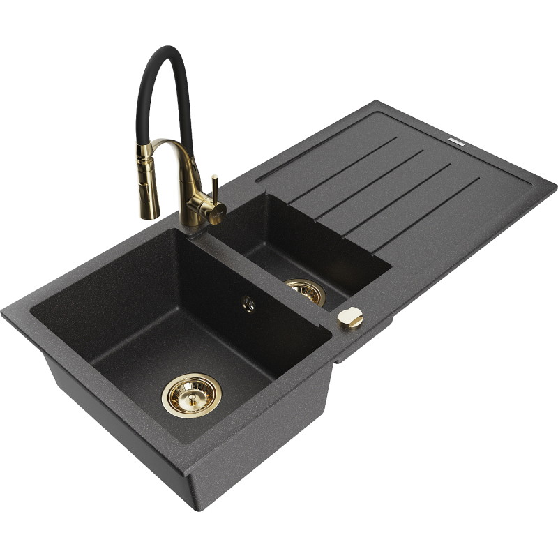 Mexen Andres 1.5-Bowl Granite Sink with Drainer and Kitchen Faucet Aster, Black Speckled - 6515-76-73450-57-G
