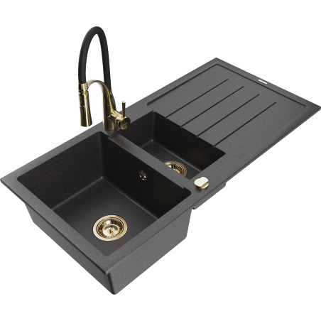 Mexen Andres 1.5-Bowl Granite Sink with Drainer and Kitchen Faucet Aster, Black Speckled - 6515-76-73450-57-G