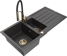 Mexen Andres 1.5-Bowl Granite Sink with Drainer and Kitchen Faucet Aster, Black Speckled - 6515-76-73450-57-G