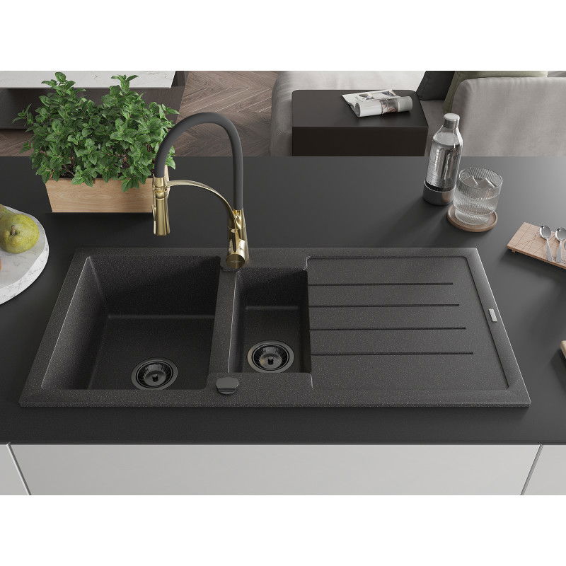 Mexen Andres granite sink 1.5-bowl with drainer and Aster kitchen tap, speckled black - 6515-76-73450-57-B
