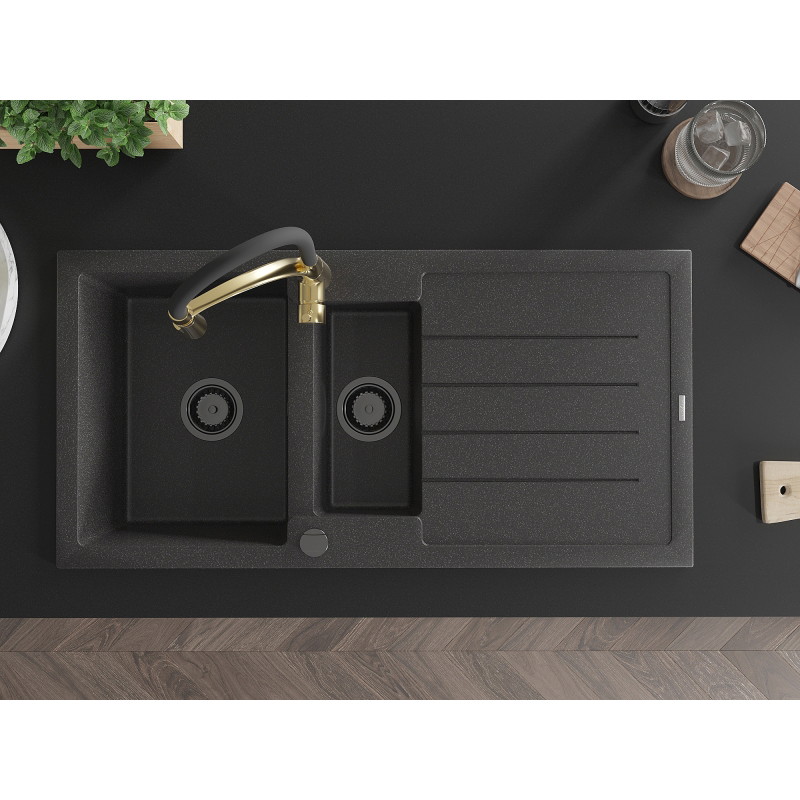 Mexen Andres 1.5-bowl granite sink with drainer and Aster kitchen faucet, black speckled - 6515-76-73450-57-B