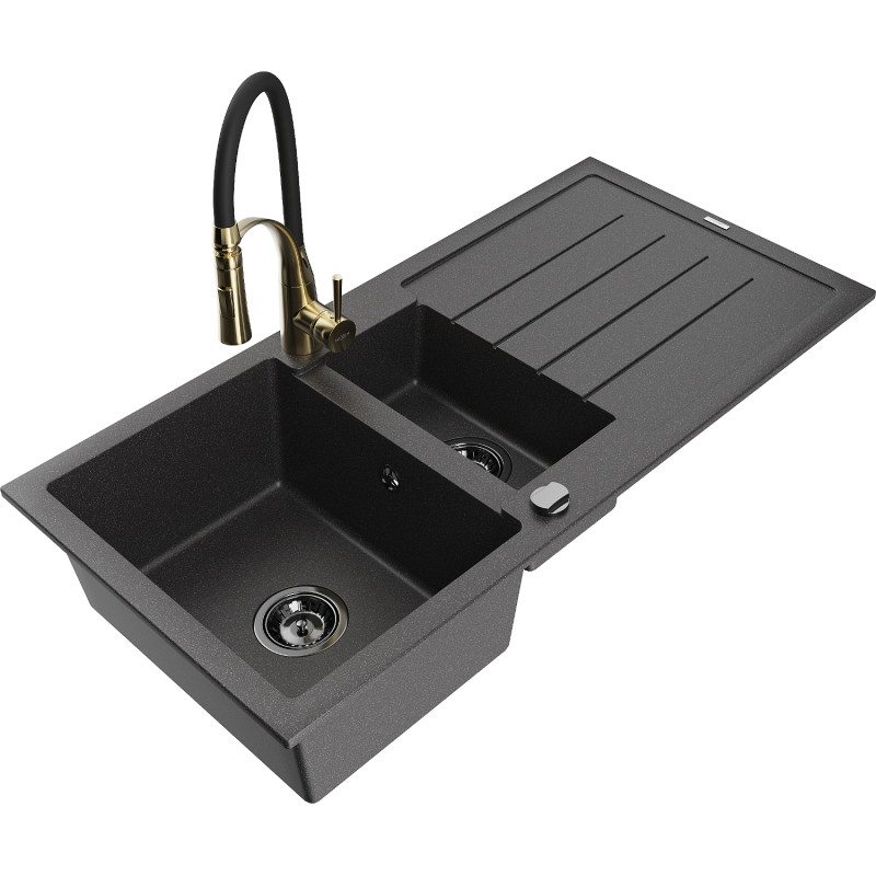 Mexen Andres 1.5-bowl granite sink with drainer and Aster kitchen faucet, black speckled - 6515-76-73450-57-B