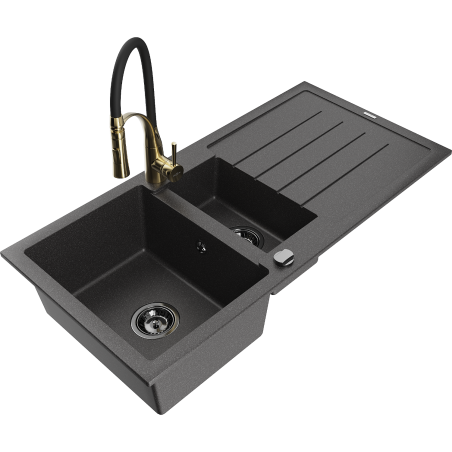 Mexen Andres 1.5-bowl granite sink with drainer and Aster kitchen faucet, black speckled - 6515-76-73450-57-B