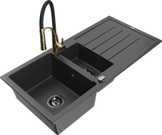 Mexen Andres 1.5-bowl granite sink with drainer and Aster kitchen faucet, black speckled - 6515-76-73450-57-B
