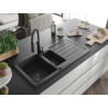 Mexen Andres granite sink 1.5-bowl with drainer and kitchen faucet Aster, black speckled - 6515-76-73450-70-B