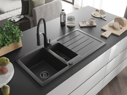 Mexen Andres 1.5-compartment granite sink with a drip tray and kitchen mixer tap Aster, spotted black - 6515-76-73450-70-B