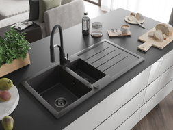 Mexen Andres granite sink 1.5-bowl with drainer and kitchen faucet Aster, black speckled - 6515-76-73450-70-B