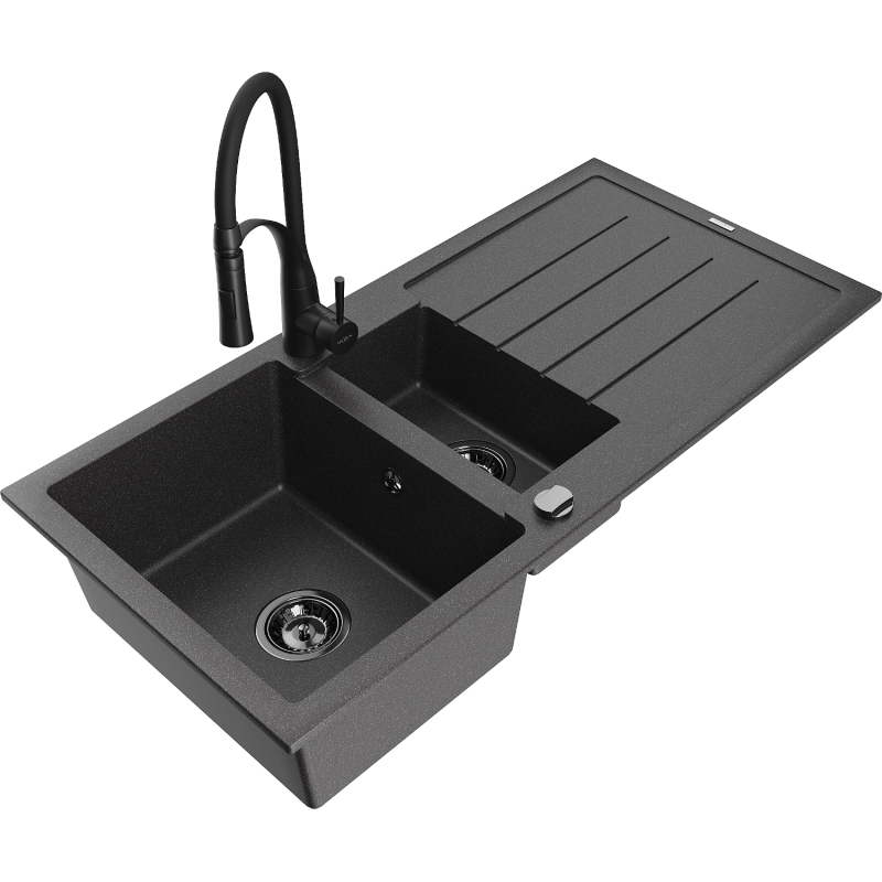 Mexen Andres 1.5-compartment granite sink with a drip tray and kitchen mixer tap Aster, spotted black - 6515-76-73450-70-B