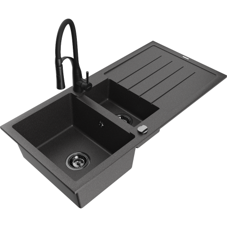 Mexen Andres granite sink 1.5-bowl with drainer and kitchen faucet Aster, black speckled - 6515-76-73450-70-B