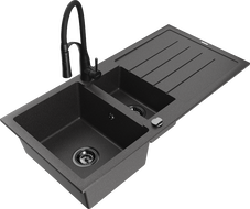 Mexen Andres granite sink 1.5-bowl with drainer and Aster kitchen tap, black speckled - 6515-76-73450-70-B