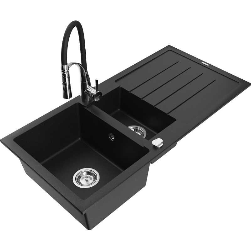Mexen Andres 1.5-compartment granite sink with a drip tray and kitchen mixer tap Aster, Black - 6515-77-73450-07