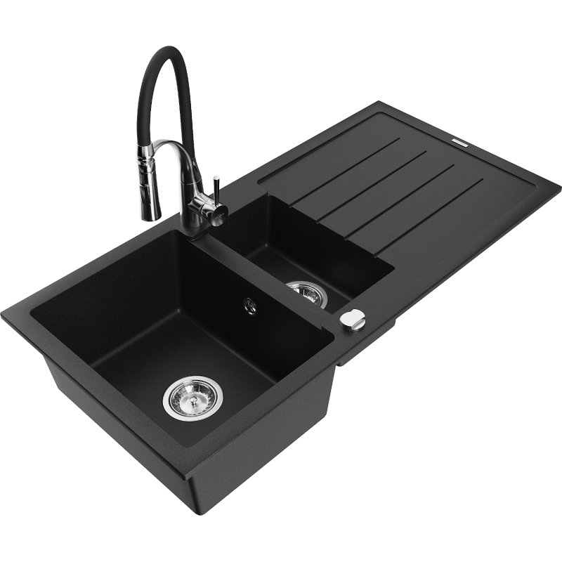 Mexen Andres black granite 1.5-bowl sink with drainer and Aster kitchen tap - 6515-77-73450-07