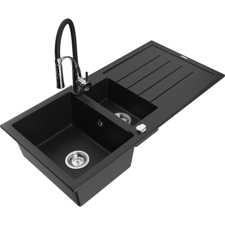 Mexen Andres granite kitchen sink 1.5-bowl with drainer and Aster kitchen faucet, black - 6515-77-73450-07
