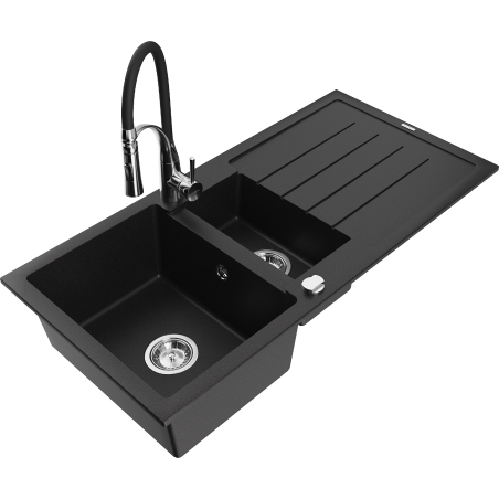 Mexen Andres granite sink 1.5-bowl with drainer and kitchen faucet Aster, black - 6515-77-73450-07