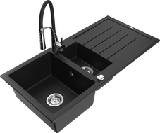 Mexen Andres granite sink 1.5-bowl with drainer and kitchen faucet Aster, black - 6515-77-73450-07