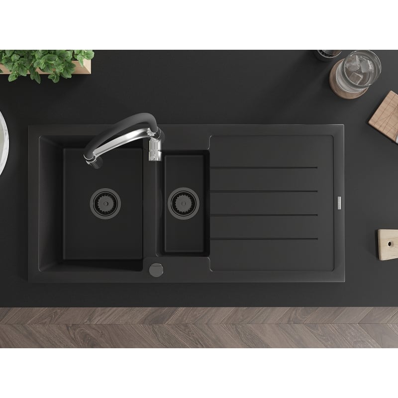 Mexen Andres 1.5-Bowl Granite Kitchen Sink with Drainer and Aster Faucet, Black - 6515-77-73450-07-B