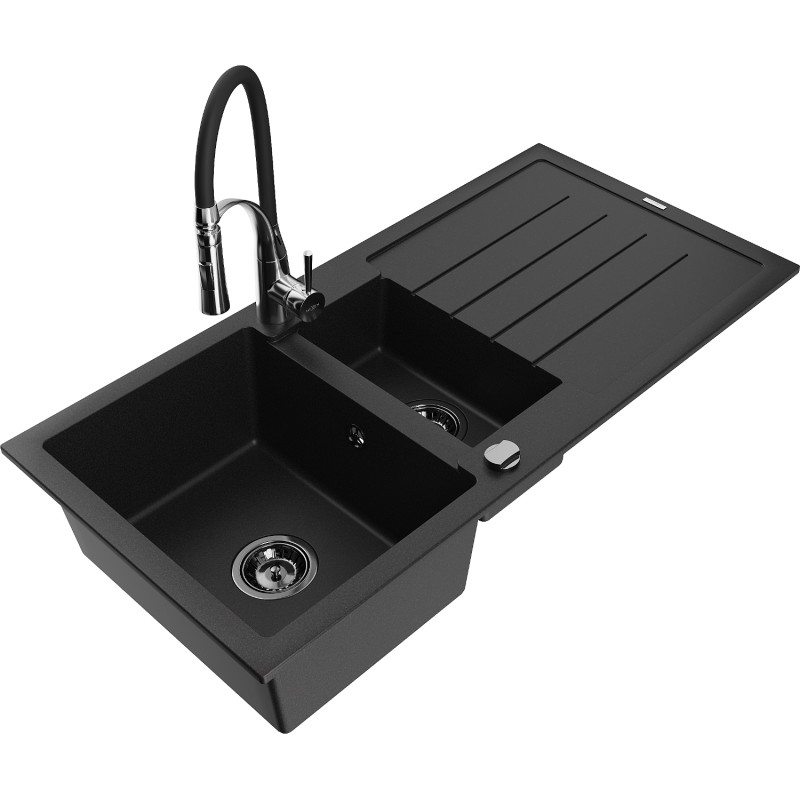 Mexen Andres 1.5-Bowl Granite Kitchen Sink with Drainer and Aster Faucet, Black - 6515-77-73450-07-B