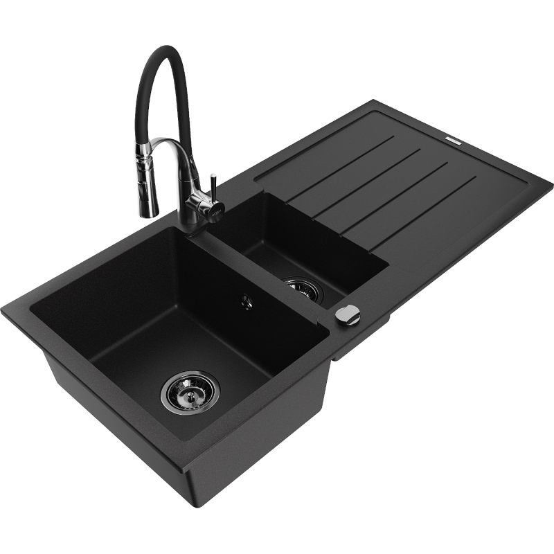 Mexen Andres 1.5-compartment granite sink with a drip tray and kitchen mixer tap Aster, Black - 6515-77-73450-07-B