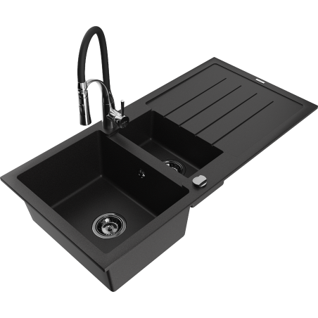 Mexen Andres 1.5-Bowl Granite Kitchen Sink with Drainer and Aster Faucet, Black - 6515-77-73450-07-B
