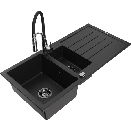 Mexen Andres 1.5-compartment granite sink with a drip tray and kitchen mixer tap Aster, Black - 6515-77-73450-07-B