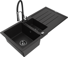 Mexen Andres 1.5-bowl granite sink with drainer and Aster kitchen faucet, black - 6515-77-73450-07-B