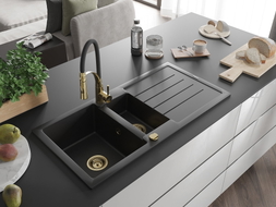 Mexen Andres granite sink 1.5-bowl with drainer and Aster kitchen faucet, black - 6515-77-73450-57-G