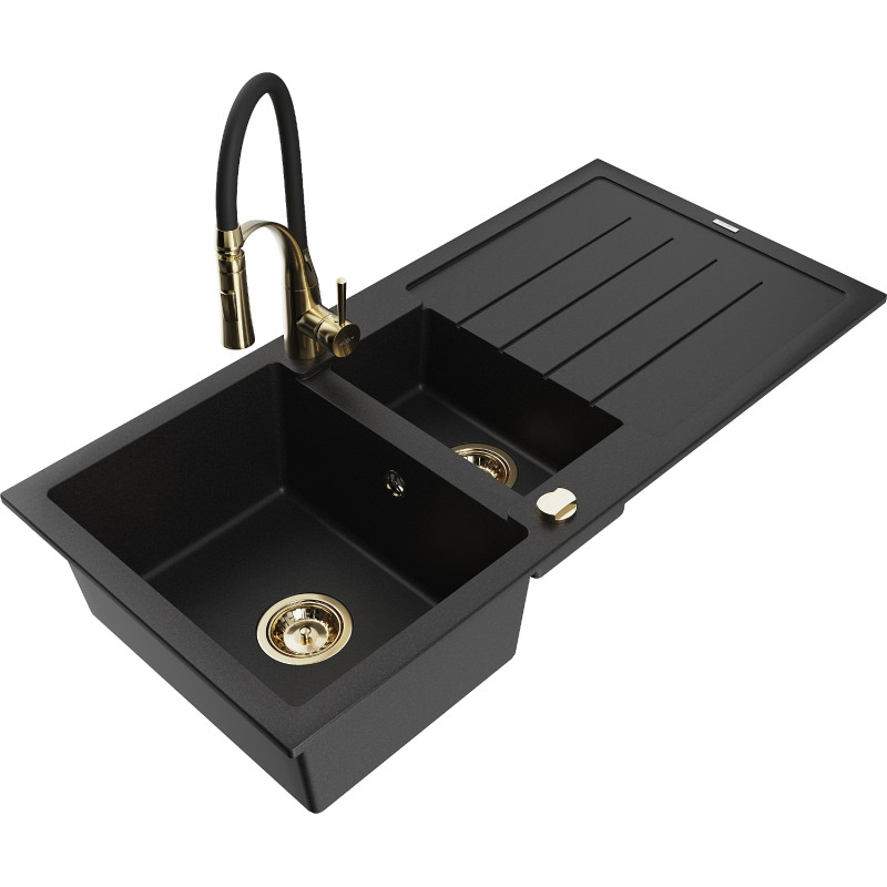 Mexen Andres 1.5-bowl granite sink with drainer and Aster kitchen faucet, black - 6515-77-73450-57-G