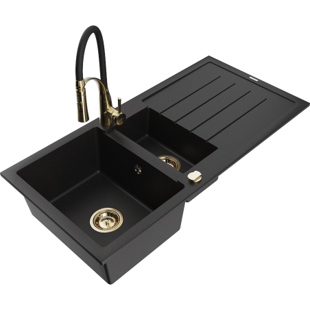 Mexen Andres granite sink 1.5-bowl with drainer and Aster kitchen faucet, black - 6515-77-73450-57-G