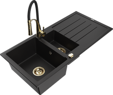 Mexen Andres granite sink 1.5-bowl with drainer and Aster kitchen faucet, black - 6515-77-73450-57-G
