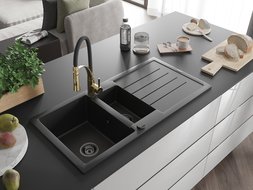 Mexen Andres granite sink 1.5-bowl with drainer and Aster kitchen tap, black - 6515-77-73450-57-B