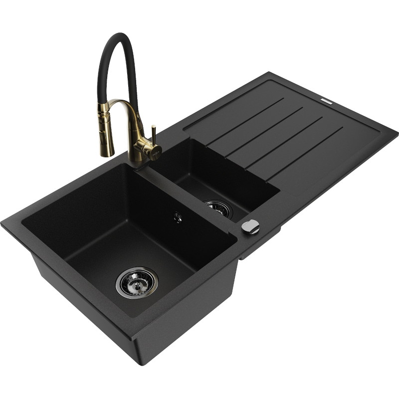 Mexen Andres granite sink 1.5-bowl with drainer and kitchen faucet Aster, black - 6515-77-73450-57-B