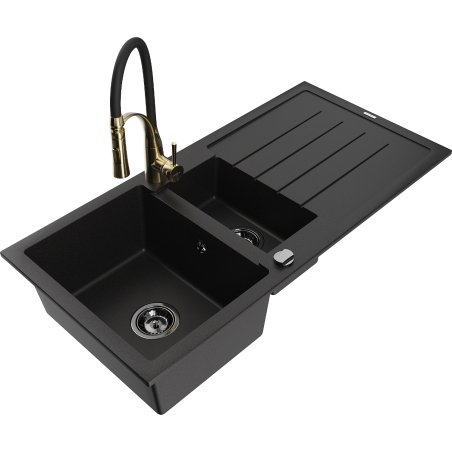 Mexen Andres granite sink 1.5-bowl with drainer and Aster kitchen faucet, black - 6515-77-73450-57-B