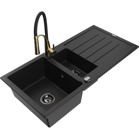 Mexen Andres granite sink 1.5-bowl with drainer and kitchen faucet Aster, black - 6515-77-73450-57-B