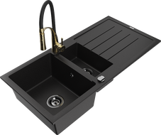 Mexen Andres granite sink 1.5-bowl with drainer and kitchen faucet Aster, black - 6515-77-73450-57-B