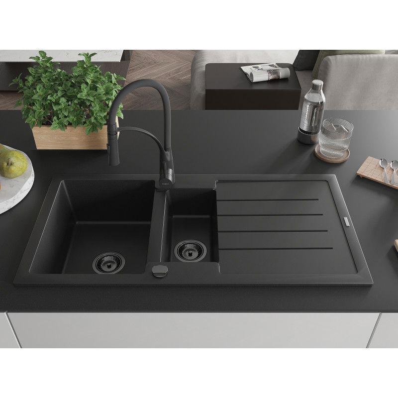 Mexen Andres 1.5-bowl granite sink with drainer and Aster kitchen tap, black - 6515-77-73450-70-B