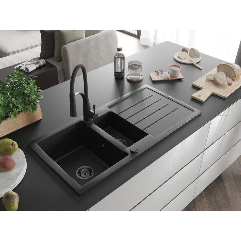 Mexen Andres 1.5-bowl granite sink with drainer and Aster kitchen tap, black - 6515-77-73450-70-B