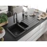 Mexen Andres 1.5-compartment granite sink with a drip tray and kitchen mixer tap Aster, Black - 6515-77-73450-70-B