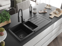 Mexen Andres 1.5-compartment granite sink with a drip tray and kitchen mixer tap Aster, Black - 6515-77-73450-70-B