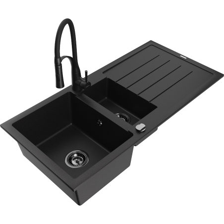 Mexen Andres 1.5-compartment granite sink with a drip tray and kitchen mixer tap Aster, Black - 6515-77-73450-70-B