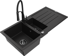 Mexen Andres granite sink 1.5-bowl with drainer and kitchen faucet Aster, black - 6515-77-73450-70-B