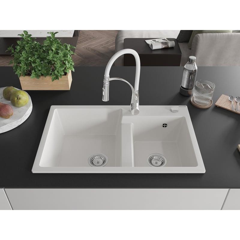 Mexen Tomas granite double-bowl kitchen sink with Aster kitchen faucet, white - 6516-20-73450-02