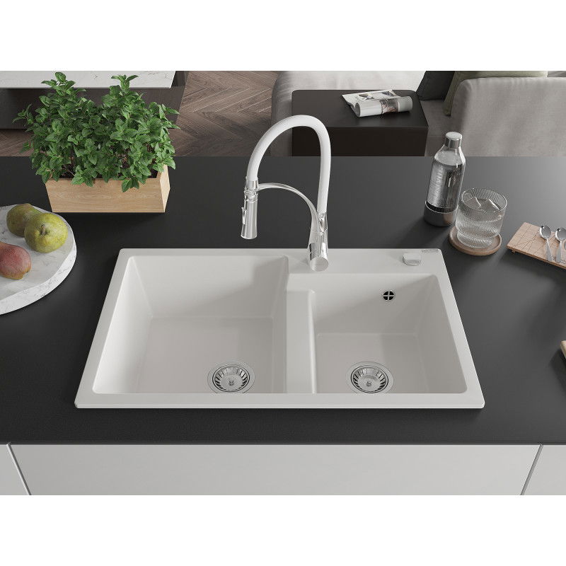 Mexen Tomas granite sink 2-chamber with Aster kitchen tap, white - 6516-20-73450-02
