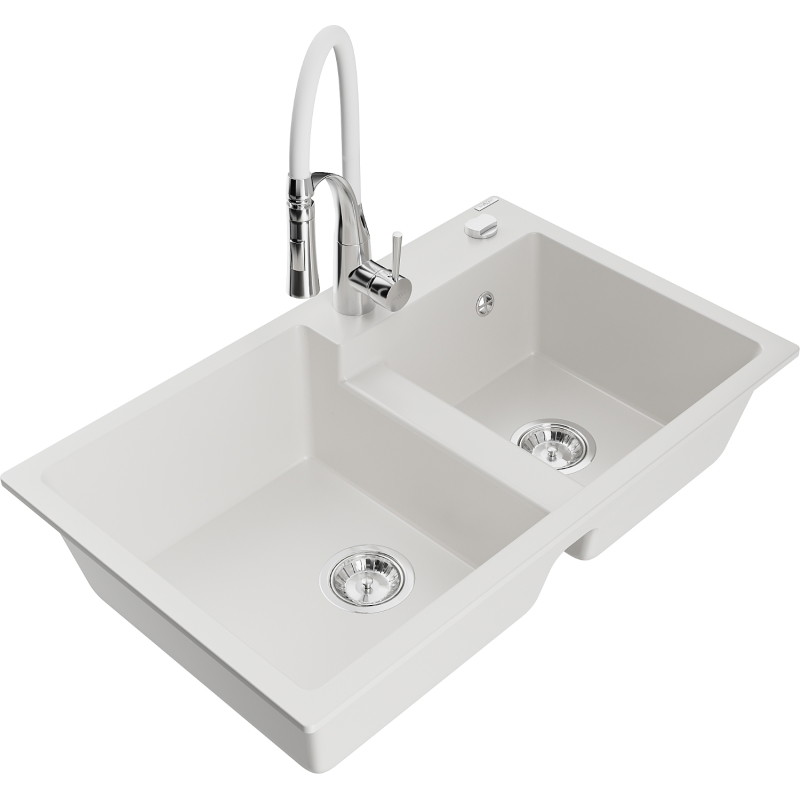 Mexen Tomas 2-bowl granite kitchen sink with Aster faucet, white - 6516-20-73450-02