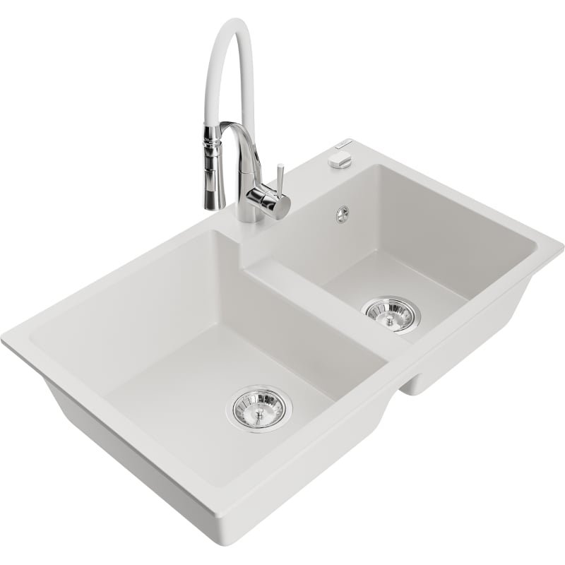 Mexen Tomas granite double-bowl kitchen sink with Aster kitchen faucet, white - 6516-20-73450-02