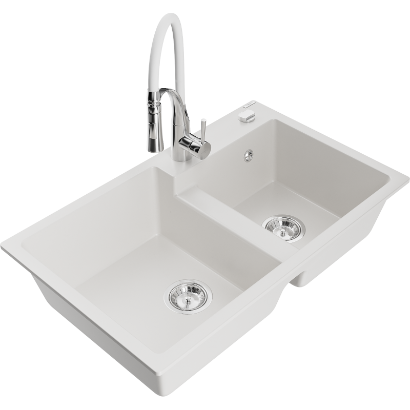 Mexen Tomas granite sink 2-chamber with Aster kitchen tap, white - 6516-20-73450-02