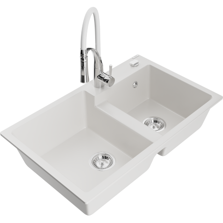 Mexen Tomas 2-bowl granite kitchen sink with Aster faucet, white - 6516-20-73450-02