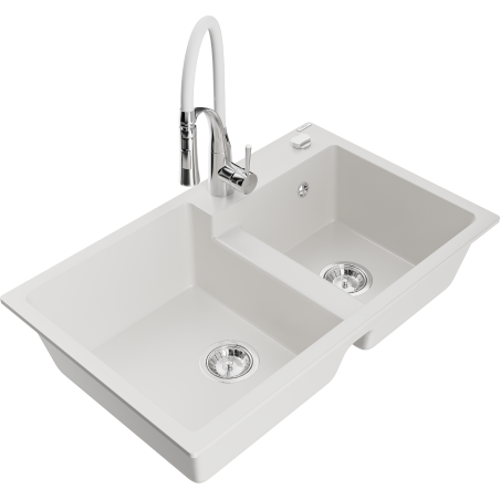 Mexen Tomas granite sink 2-chamber with Aster kitchen tap, white - 6516-20-73450-02