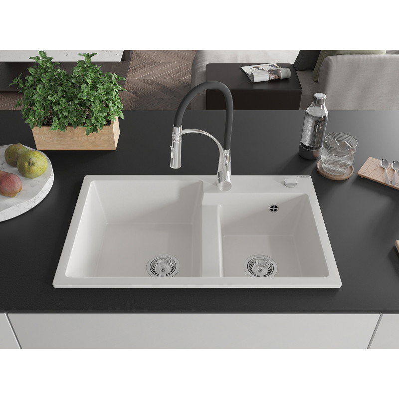 Mexen Tomas 2-chamber granite sink with Aster kitchen faucet, white - 6516-20-73450-07